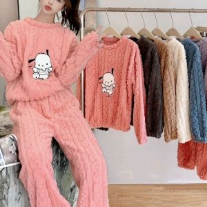SWEET TIM Velvet Pajamas Set Women Pochacoo Cartoon Flannel Sleepwear Suit Sweet Warm Winter Thicken Nightwear Autumn Winter