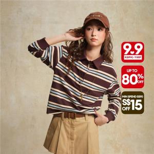 Giordano Women Contrast stripe long sleeve loose polo shirt Free Shipping 18315604