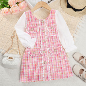 Bear Leader Kids Dress Knit Check Dress Pearl Embellishment Pink Long Sleeve Dress Puff Sleeve Blue Plaid Dresses 3-7 Years Baby Girls Clothing