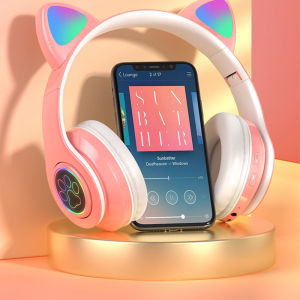 [Local Seller]Cute Cat Ear Headphones Bluetooth Flashing LED light wireless headset with microphone MP3 player pink girl stereo music headset