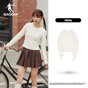Qiaodan Women Long Sleeve T-Shirt Drawstring Waist Slim Fit Cropped Top QXLTL2253087