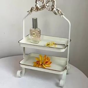 xpkQ Luxury Iron Art Double Layer Storage Shelf with Bow Decor Vintage French Style Vanity Organizer Makeup Bathroom Dresser Storage 2B5Z7