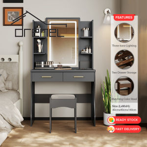 DREMEL Dressing Table Double Drawer Storage Cabinet With Stool And LED Lighting Bedroom Makeup Table Meja Solek Bangku Berlaci