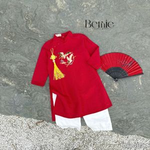 Áo dài cách tân bé trai mặc tết chất tafta thêu hạc màu xanh màu đỏ size 10 đến 25kg BERNIE 0824B37