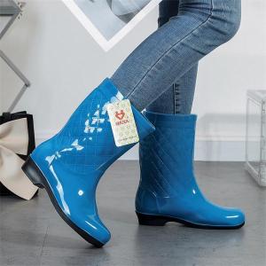 New Womens Korean Style Plaid Rain Boots Mid-Calf Slip-On Non-Slip Sole Waterproof Protection for Outdoor