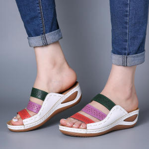[Free Shipping] Summer Color-Blocked Casual Slip-On Hollow Wedge Heel One-Strap Sandals For Women In Large Sizes
