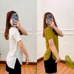 LisaJungsan - Baju Kaos V-neck Slit / Kaos Wanita V-neck Oversize / Atasan T-Shirt / All Size