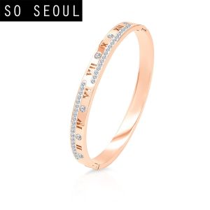 SO SEOUL Valeria Roman Numeral Zig Zag Austrian Crystal Rose Gold Side Hinged Bangle