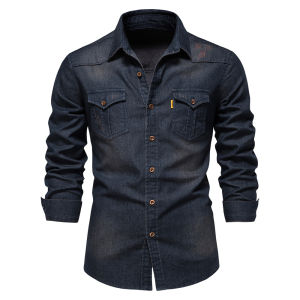 FECHENG 2023 Elastic Cotton Denim Shirt Men Long Sleeve Quality Cowboy Shirts for Men Casual Slim Fit Mens Designer Clothing