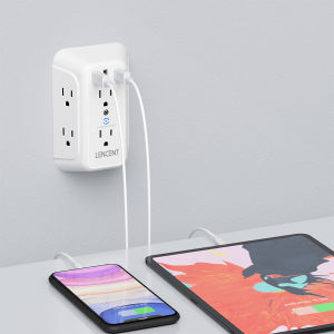 Lencent อุปกรณ์ป้องกันไฟกระชากที่ชาร์จ USB แบบเสียบผนัง 6 ช่องต่อปลั๊กไฟ AC พร้อมพอร์ตชาร์จ USB 3 พอร์ต 3 ด้าน 1728J ปลั๊กรางปลั๊กหลายตัว