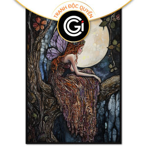 Tranh cô tiên trong khu rừng ban đêm mặt trăng tròn ngày rằm.Tranh treo tườngdán tường trang trí nội thất.CGI-1227