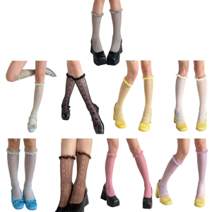 Womens Fishnet Knee Highs Stockings Ruffle Lace Hollow out Calf Socks Sheer Mesh Fishnet Stockings