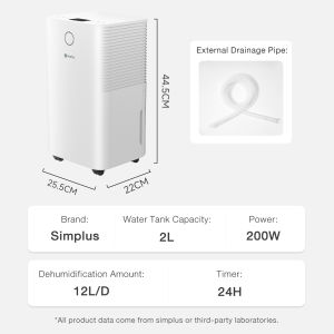 Simplus Dehumidifier 12L/Day 2L Water Tank 3 Modes Clothes Drying Touch Operation LiteDry C6