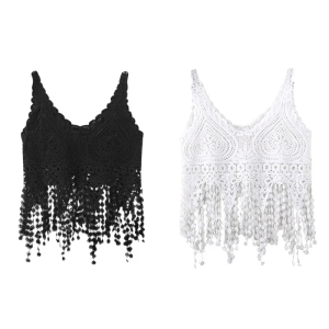 Phụ nữ Hollow Crochet Crop cho áo ba lỗ Đan Ren tua rua dài Sheer bãi biển cami ve