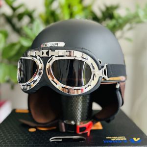 Mũ bảo hiểm xe máy RONA PUG kèm kính phi công viền bạc nón bảo hiểm nam nữ freesize có ốp tai da che nắng - Nón Trùm
