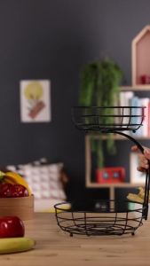 Auledio Iron 2-Tier Countertop Fruit Vegetables Basket Bowl Storage With Banana Pendant Black 64 ounces