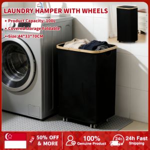 SG 100L Laundry Hamper Basket 44*33*70CM 600D Black Oxford Fabric Portable Foldable Removable Bathroom Home Use