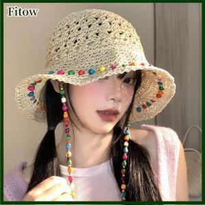 Fitow Fashionable Colorful Wooden Bead Straw Hat For Women In Summer With Large Hollow Brim Sun Hat Foldable Fisherman Hat