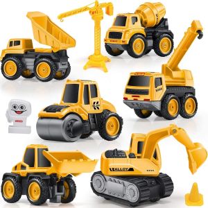 6Pcs Big Size Kids Die-cast Construction Truck Toys Excavator Digger Tractor Bulldozer Dump Cement Steamroller Crane Sandbox Trucks Vehicles Toy Set Gift for Boys Girls