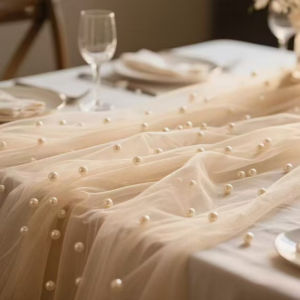 Vixplorn Fashion Pearl Tulle Table Runner Sheer Gauze White Mesh Wedding Party Dining Table Decor