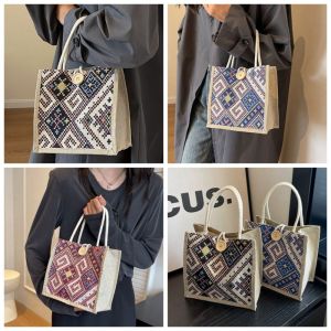 THREADJOY งานปัก กระเป๋าผ้าใบสไตล์ชนเผ่า ชุดเดรสพิมพ์ลาย จุได้มาก กระเป๋าถือผ้าลินิน คาวาอิ กระเป๋าโท้ท กระเป๋าอาหารกลางวันผ้าพิมพ์ลาย หญิง/หญิง
