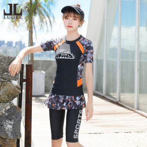 Luoke 2pcs Women Swimming Suit Korean Edition INS New Sports Split Conservative Skirt Style Five Piece Pants Cover The Belly and Show Thin Swimwear for Women with Chest Pad