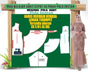 Pola Gamis Dewasa Mermaid Lengan Terompet Pola Instan Pola Siap Pakai