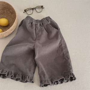 deer jonmi 2026 New Spring Baby Girls Wide Leg Pants Floral Printed Korean Style Corduroy Ruffles Toddlers Kids Casual Trousers2026