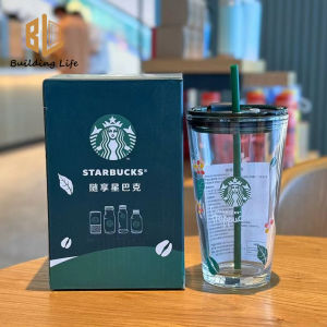 Starbucks Cup Frappuccino Dark Green Leaf Straw Cup Desktop Green Glass Transparent Juice Milk Water Cup 450ml