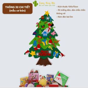 Cây thông Noel vải nỉ dán tường tự làm trang trí dịp Giáng Sinh cho bé có đèn LED và chi tiết trang trí