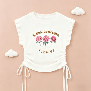 Trendy Ruched Side String Croptop Korean Style Short Sleeve Bowknot Design Coquette Blouse Shirt for 5-12Y Kids Girls