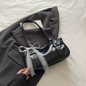 QNQN 【COD】แฟชั่นเฉพาะกลุ่มลูกไม้โบว์บัลเล่ต์สไตล์วินเทจไหล่เดียวใต้วงแขนบาแก็ตกระเป๋าสะพายเฉียงกระเป๋าสี่เหลี่ยมขนาดเล็ก