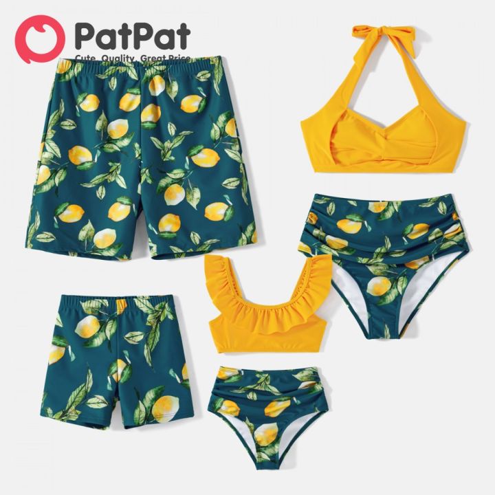 PatPat Family Matching Allover Lemon Print and Solid Halter Neck Two-piece Swimsuit or Swim Trunks Shorts