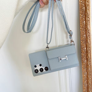 For Samsung Galaxy S25 Ultra A55 A56 A16 A17 A26 A14 A34 S24 Ultra S23 FE S25 FE Case H Logo Crossbody Wallet Case Purse Pocket Adjustable Detachable Lanyard Neck Strap with Kickstand Leather Card Holder Protective Cover