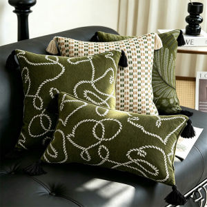 30x50cm/45x45cm Vintage Luxury Chenille Throw Pillow Cover Olive Green Lumbar Pillowcase with Tassels Modern Farmhouse Decor for Couch Bedroom