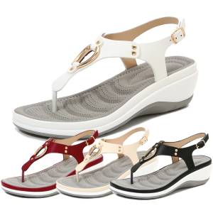 36-43 Fashion Wedge Heel Sandals for Women Clip Toe Rubber Sole Metal Decoration Casual Womens Shoes Buckle Mid-heel Ladies Shoes Office Wear Basic Sandals On Sale