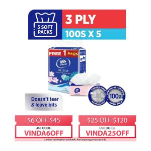 Vinda Deluxe Soft Pack Facial Tissue Large (4 X 100S) Free 1 Pack