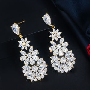 SEQUITO Exquisite Water Drop Flower Dangle Earrings with 925 Silver Pins Paved Setting Multicolor AAA Cubic Zirocnia Women Yellow Gold Color Ear Jewelry for Dinner Dress Accessories SE800