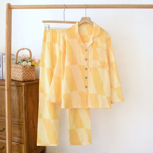 2025 NEW Yarn 100%Cotton Pajamas Womens Long Sleeved Pants Two Piece Set Chinese Style Loose Lapels Sleepwear