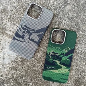 Magnetic Mountain River Print Case for iPhone 15 16 Pro Max Carbon Fiber Camera Metal Lens Protective Back Cover Hard PC Shell