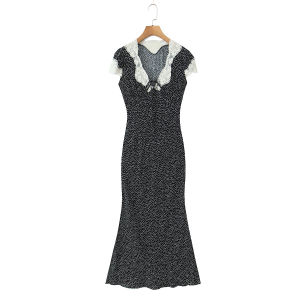 Women Retro French Style Black White Dot Print Spliced Lace V Neck Short Sleeve Dress Summer Viscose Cotton Long Dresses Vestido2026