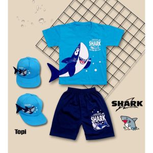 SETELAN BAJU ANAK SHARK IKAN HIU FREE TOPI UNTUK ANAK 2-10 TAHUN BISA COD