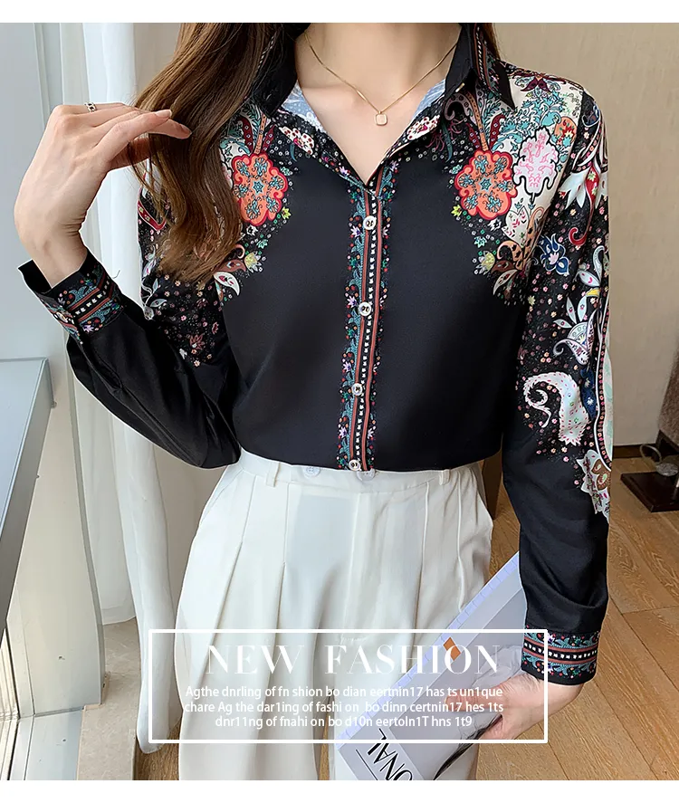 Women Embroidery Flowers Satin Shirt Long Sleeve Tops Elegant Blouse Fashion