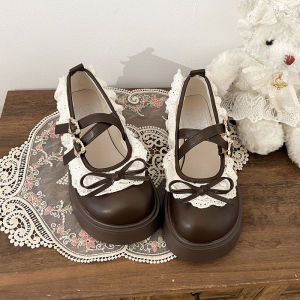Free Shipping Bowknot Versatile Dress Shoes Spring New Collection Thick-Soled Small Leather Shoes For Women Lolita Style With Lace Trim