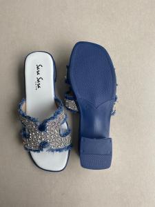 Sandal Selop Wanita Jenix - Hak Tumit Tinggi 4cm Motif Glitter Warna Biru Metalik Size 36-40
