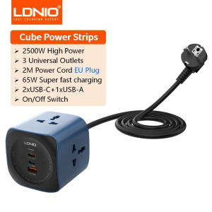 Trạm Sạc Kiêm Ổ Cắm Điện đa năng 6 in 1 LDNIO SC3319 3x AC 2500W – 3x USB Sạc Nhanh 65W & Dây Dài 2m