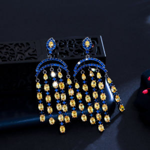SEQUITO Vintage Black Gold Plated Big Chandelier Dangle Pave Blue Yellow Cubic Zircon Stones Bohemian Long Tassel Earrings for Women Party Dress Accessories SE497