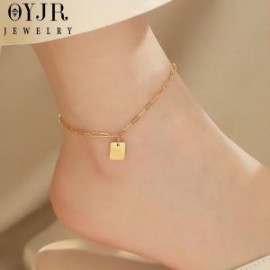 OYJR Gelang Kaki Titanium anklet Persegi Huruf "Good Luck" Fashion Korea Emas 18K Anti Luntur Anti Karat Aksesoris Wanita Perhiasan gelang kaki