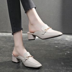 [Free Shipping] New Style Leather Mules With A Closed Toe Featuring A Chunky Heel Perfect For Women Versatile And Easy To Match With Any Outfit Casual Style And Thick Sole