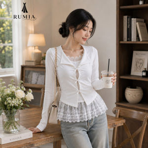 RUMIA Women Fake Two Piece Lace Bow Long Sleeve Top Korean Style Slim Fit Elegant Blouse Casual Fashion Shirt White Black Grey Ready stock kemeja wanita